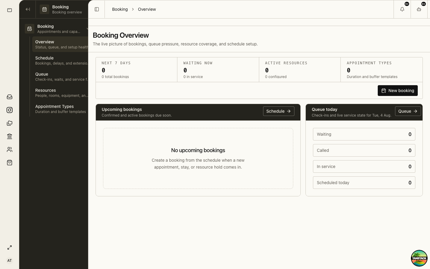 Booking Overview with bookings, queue, resources, and setup health