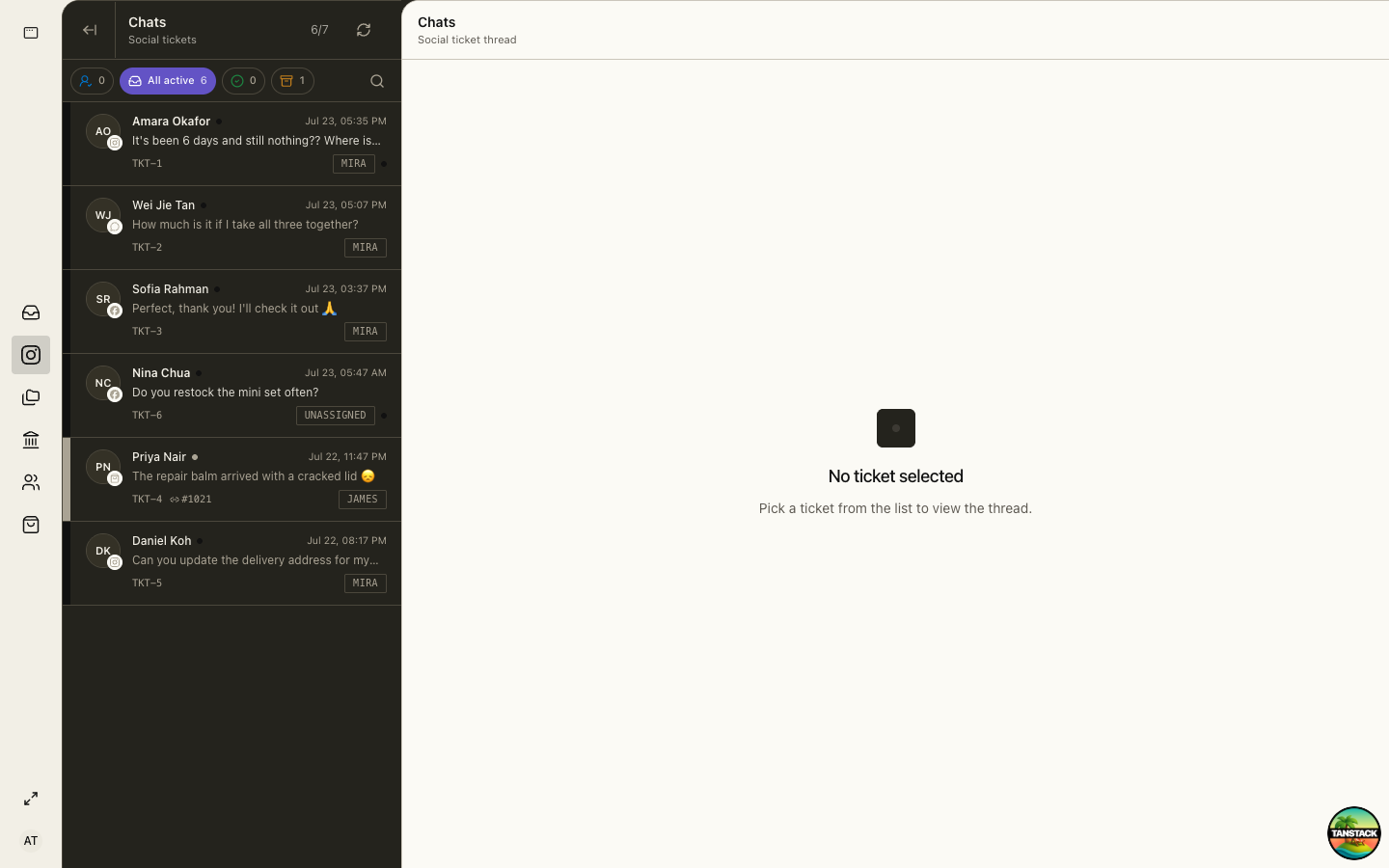 Channel ticket queue with status filters, assignees, and conversation pane