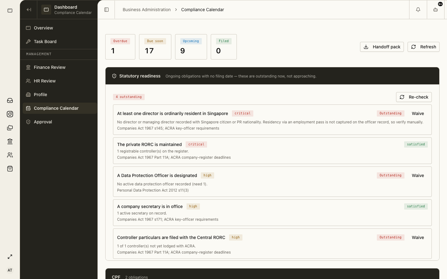 Compliance calendar listing statutory obligations and due dates
