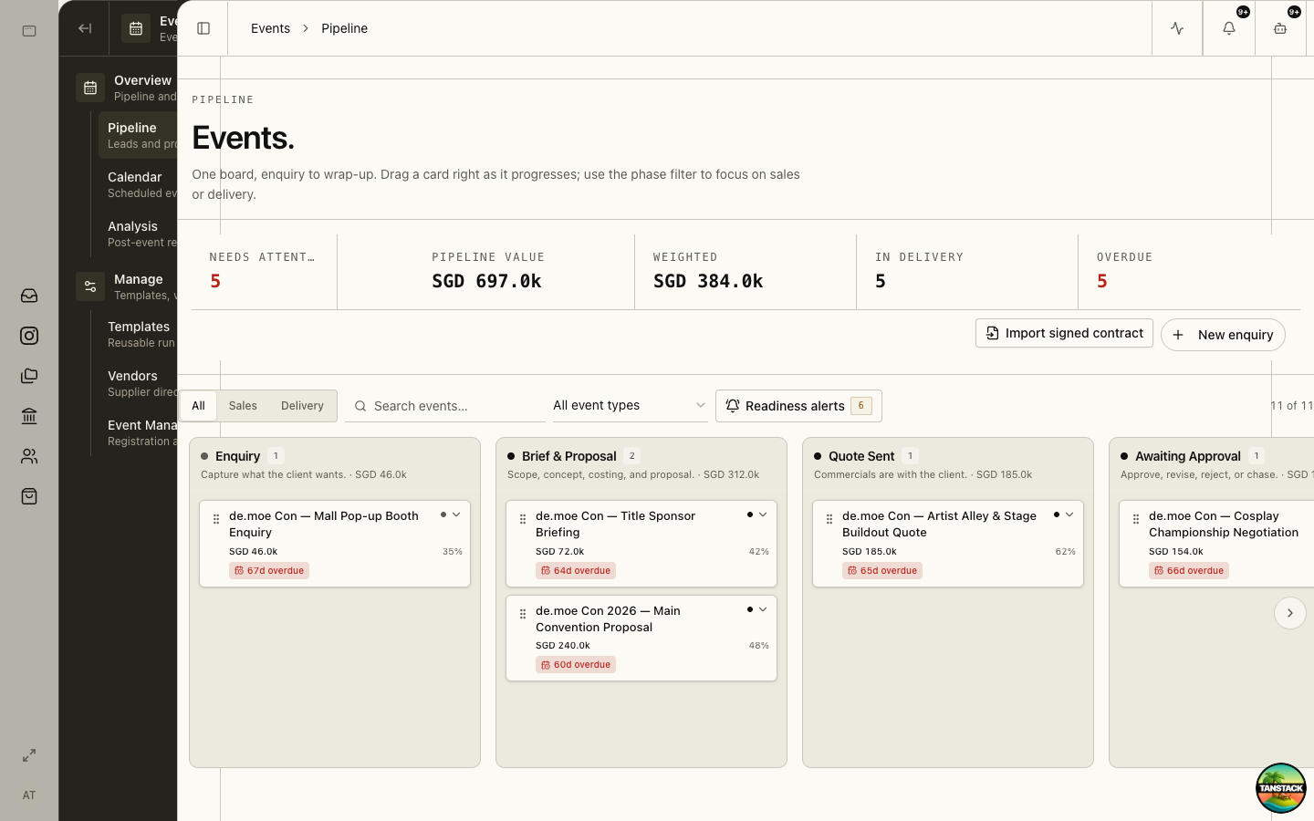 Events pipeline with phases, value, readiness alerts, and event cards