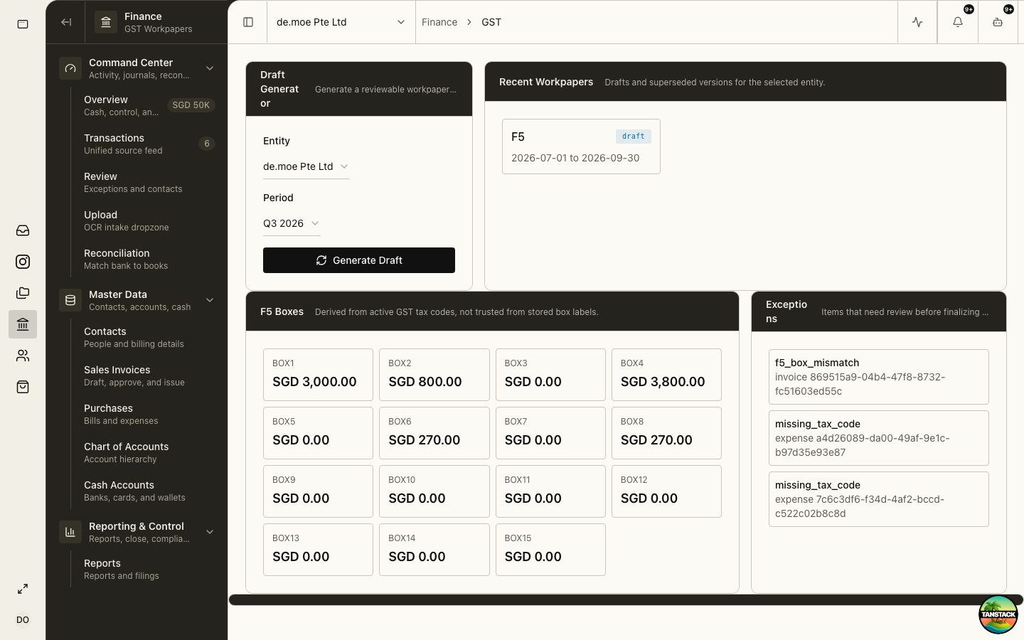 GST workpaper page with draft generator, F5 boxes, and exceptions