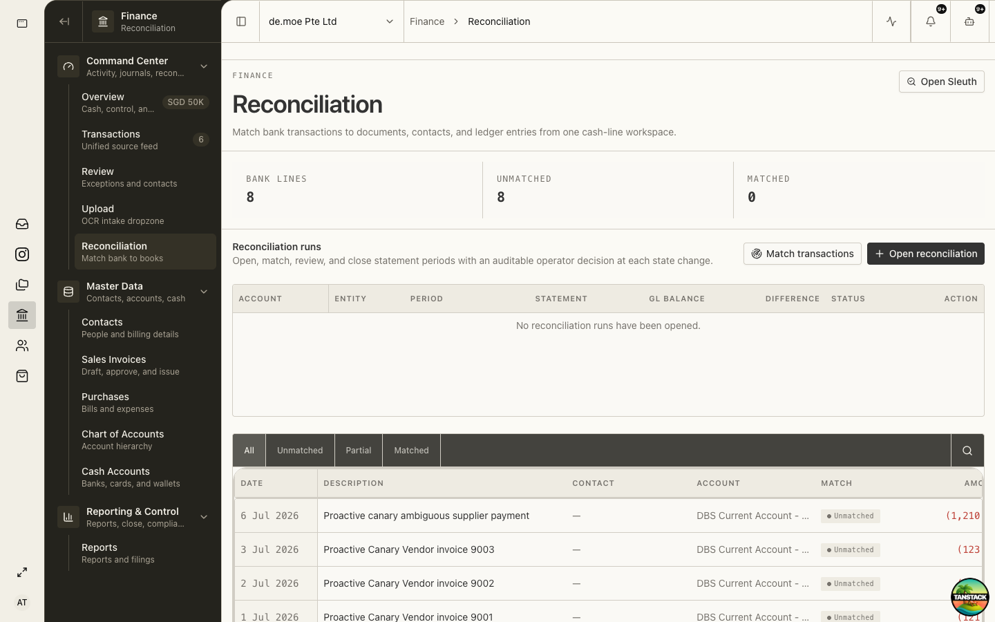 Finance Reconciliation workspace for matching bank lines to records