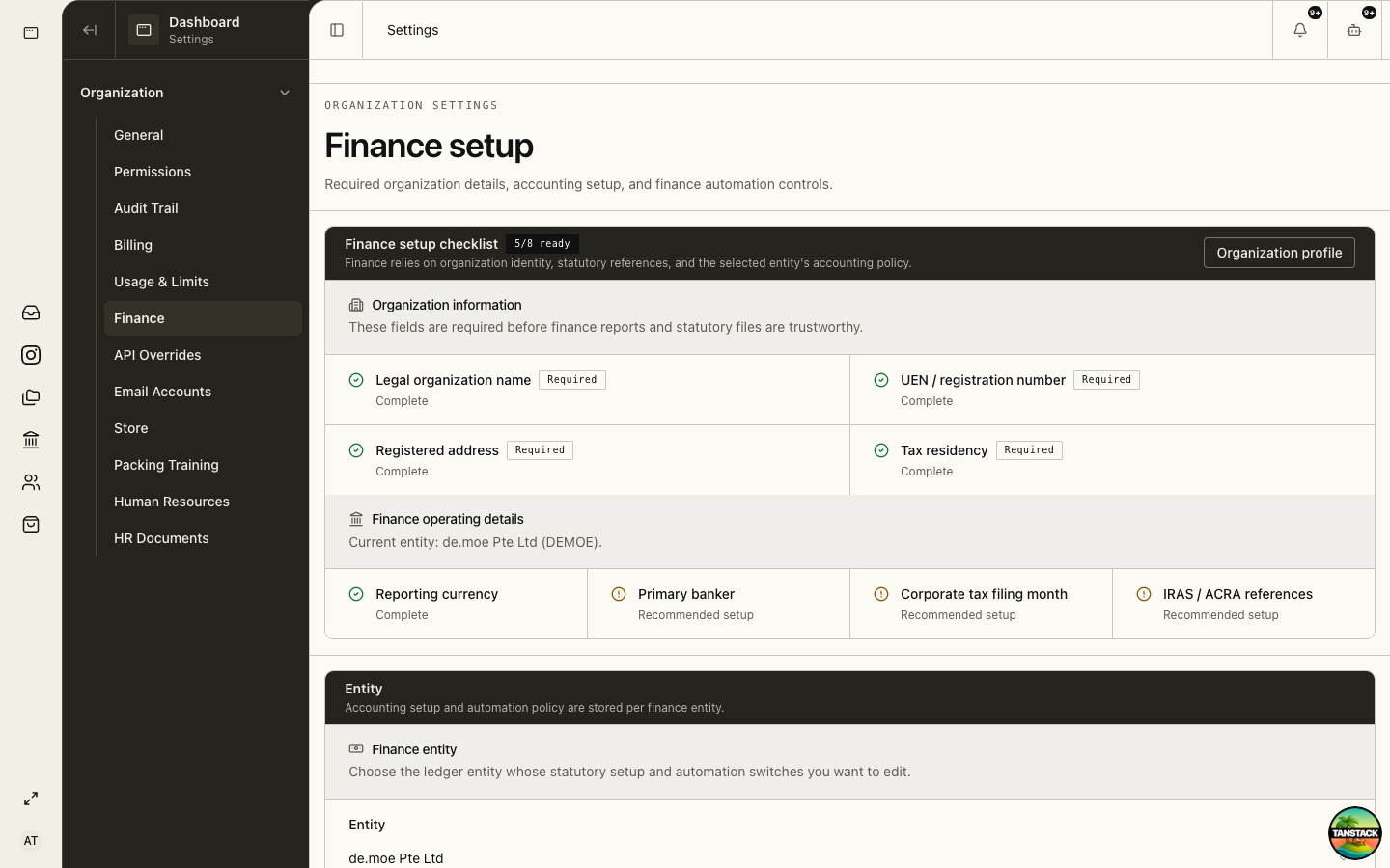 Finance setup checklist for de.moe Pte Ltd
