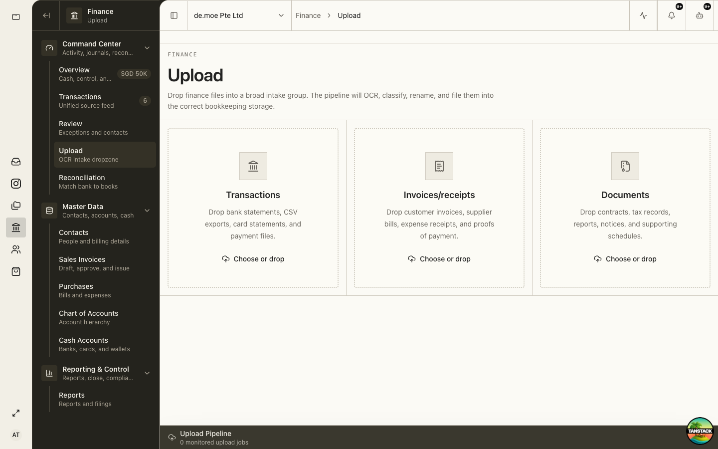 Finance Upload page for OCR and bookkeeping intake