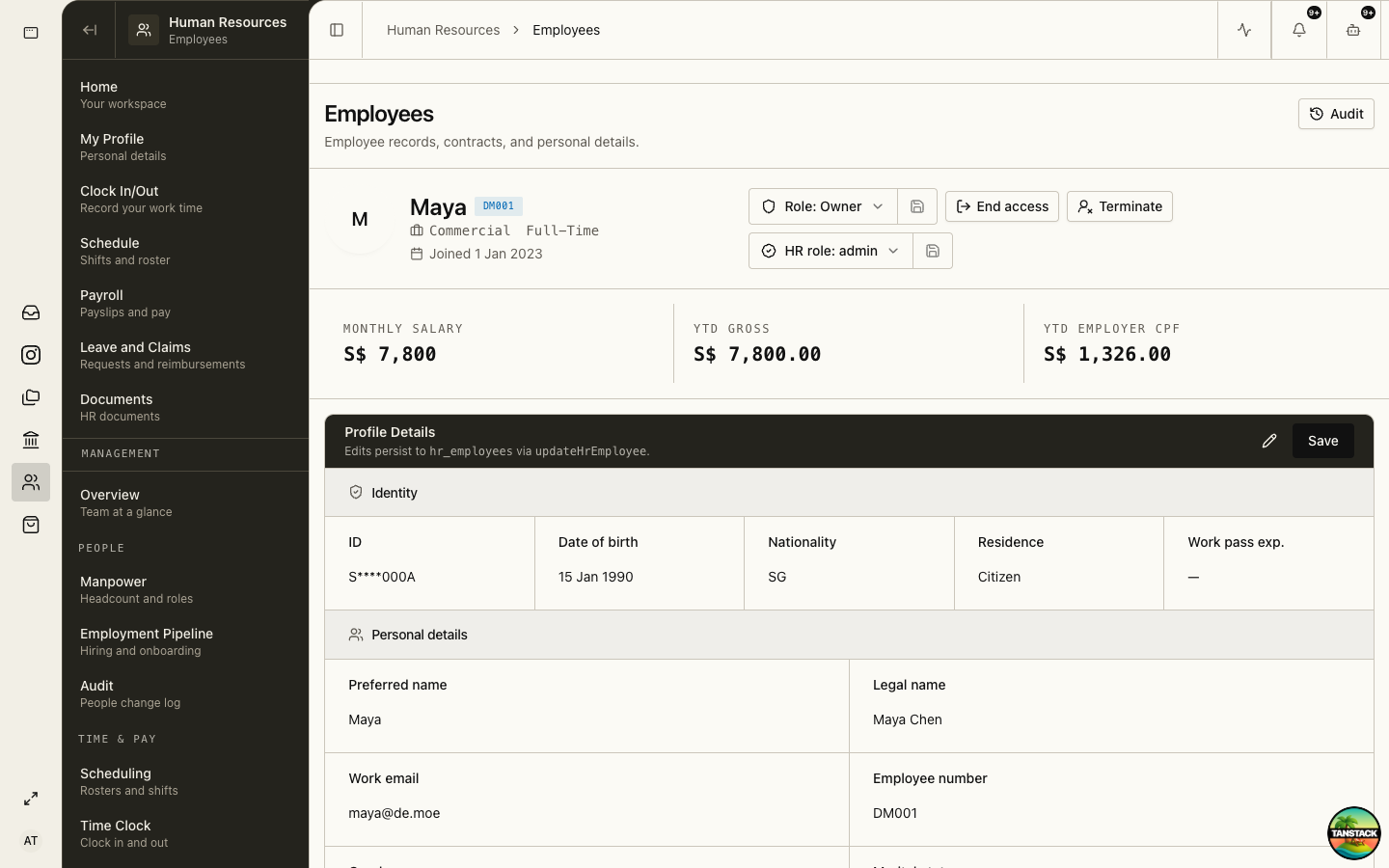 HR employee directory used to create and manage employees