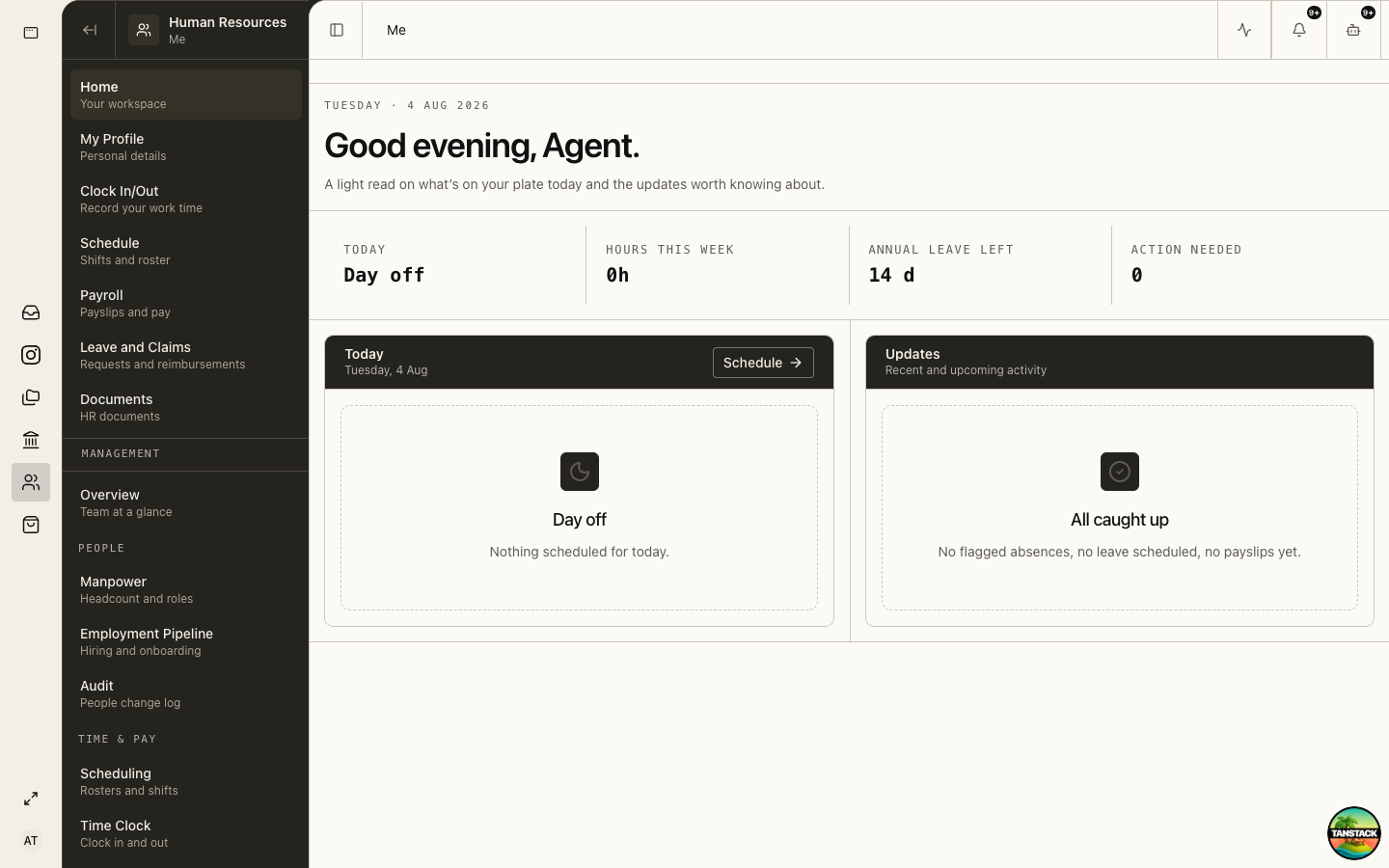 Employee self-service home showing schedule and leave balance