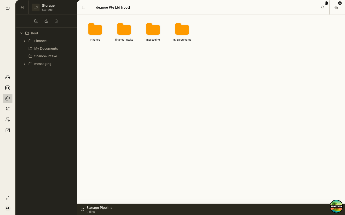 Storage file manager with folder tree, upload actions, and file workspace