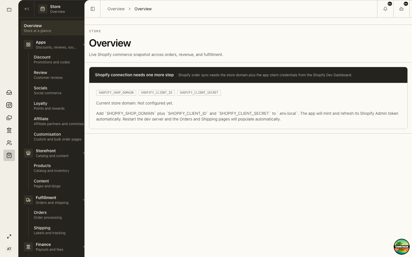 Store Overview showing connection readiness and module navigation