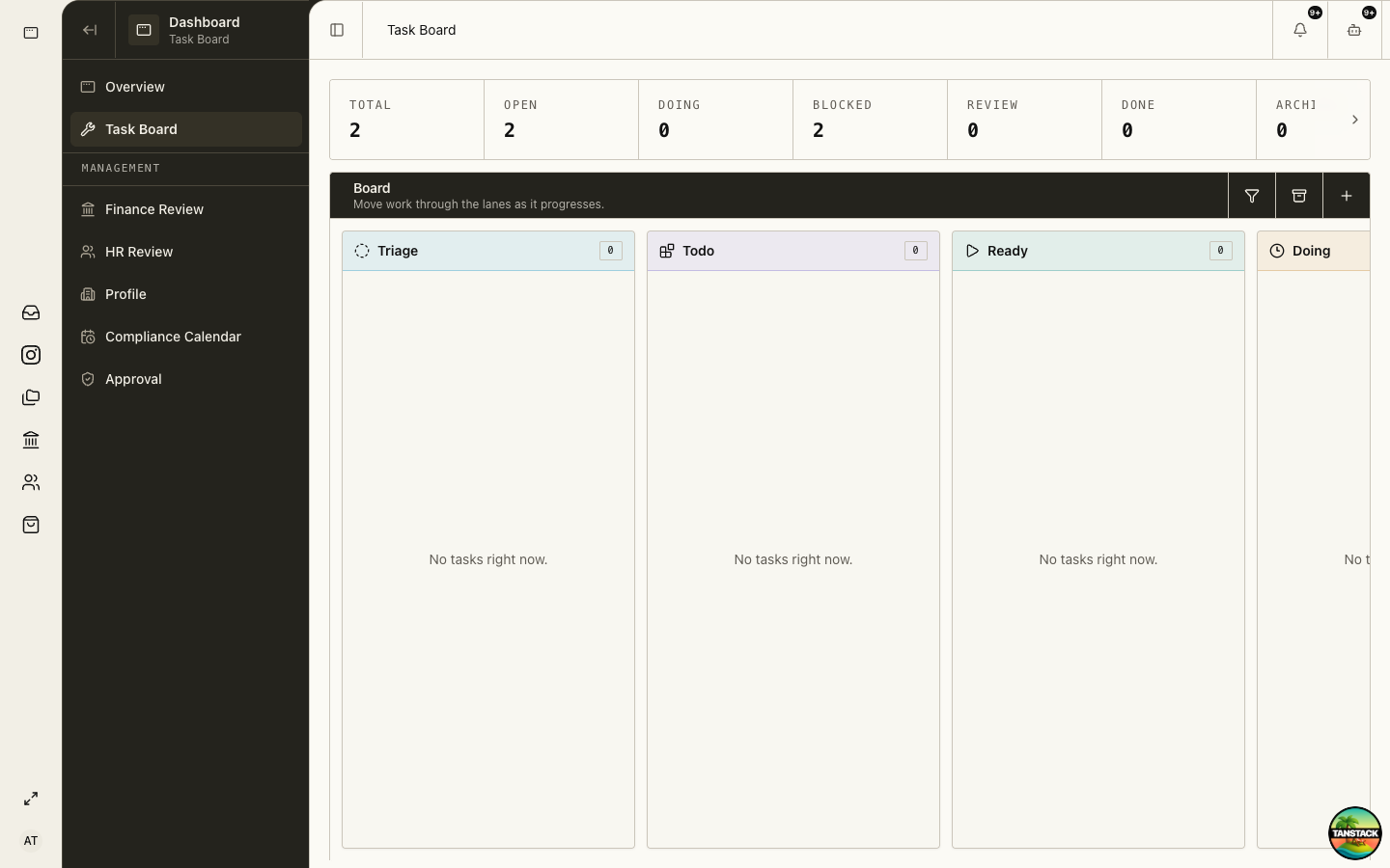 Task Board with status lanes, badges, filters, and task cards